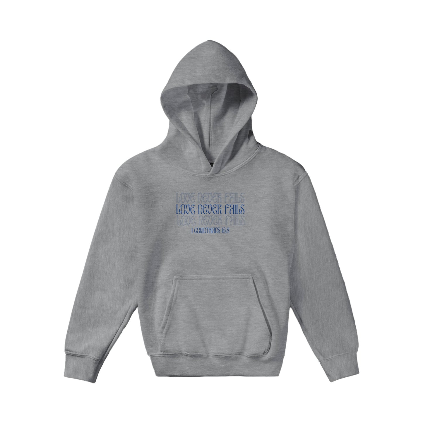 Love Never Fails Bold Kids Pullover Hoodie (Blue Font)