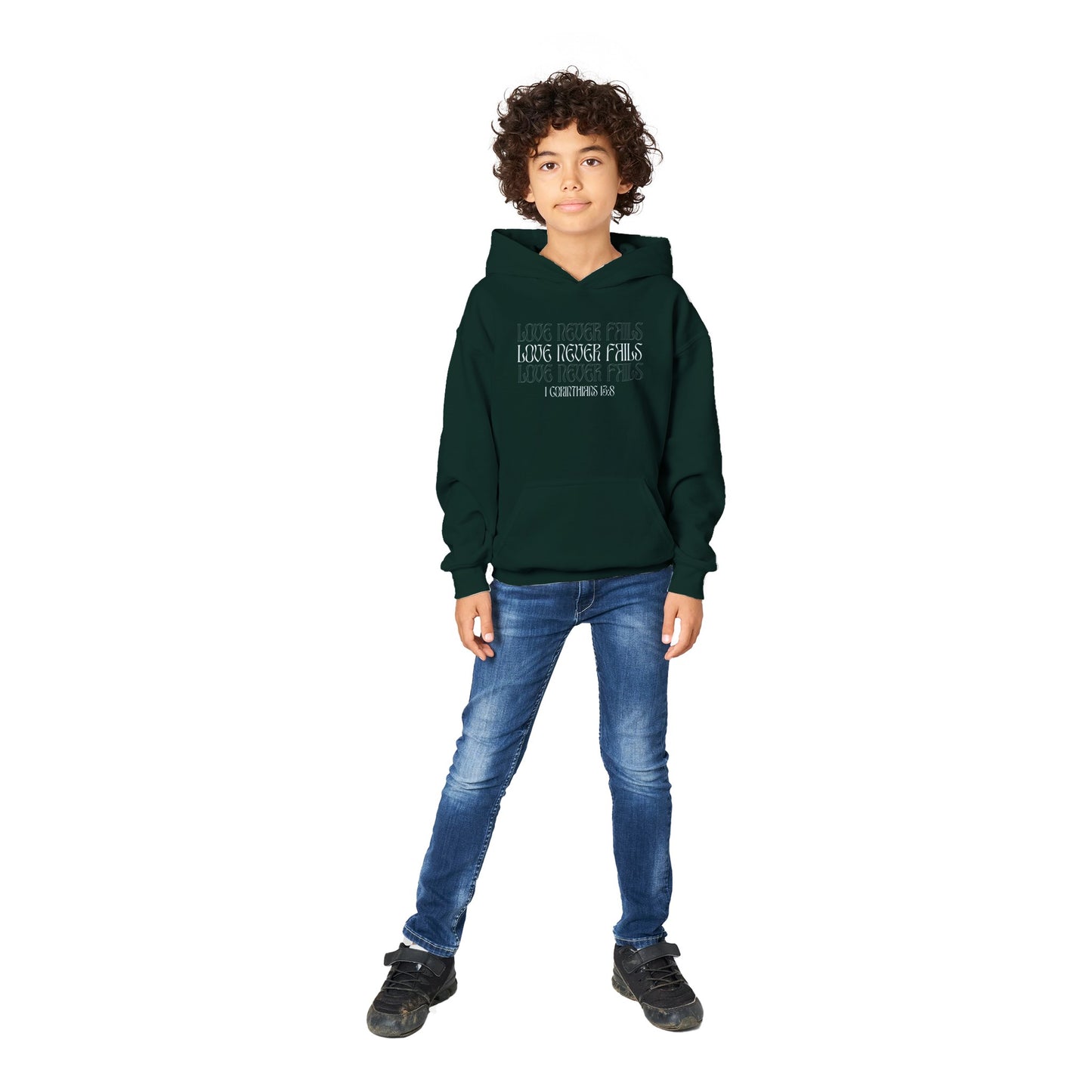 Love Never Fails Bold Kids Pullover Hoodie (White Font)