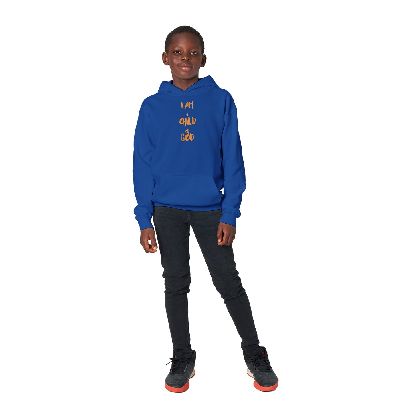 I Am a Child of God Kids Pullover Hoodie (Orange Font)