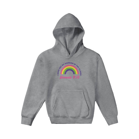 Genesis 9:13 Kids Pullover Hoodie (Bright Pink & Purple Font)