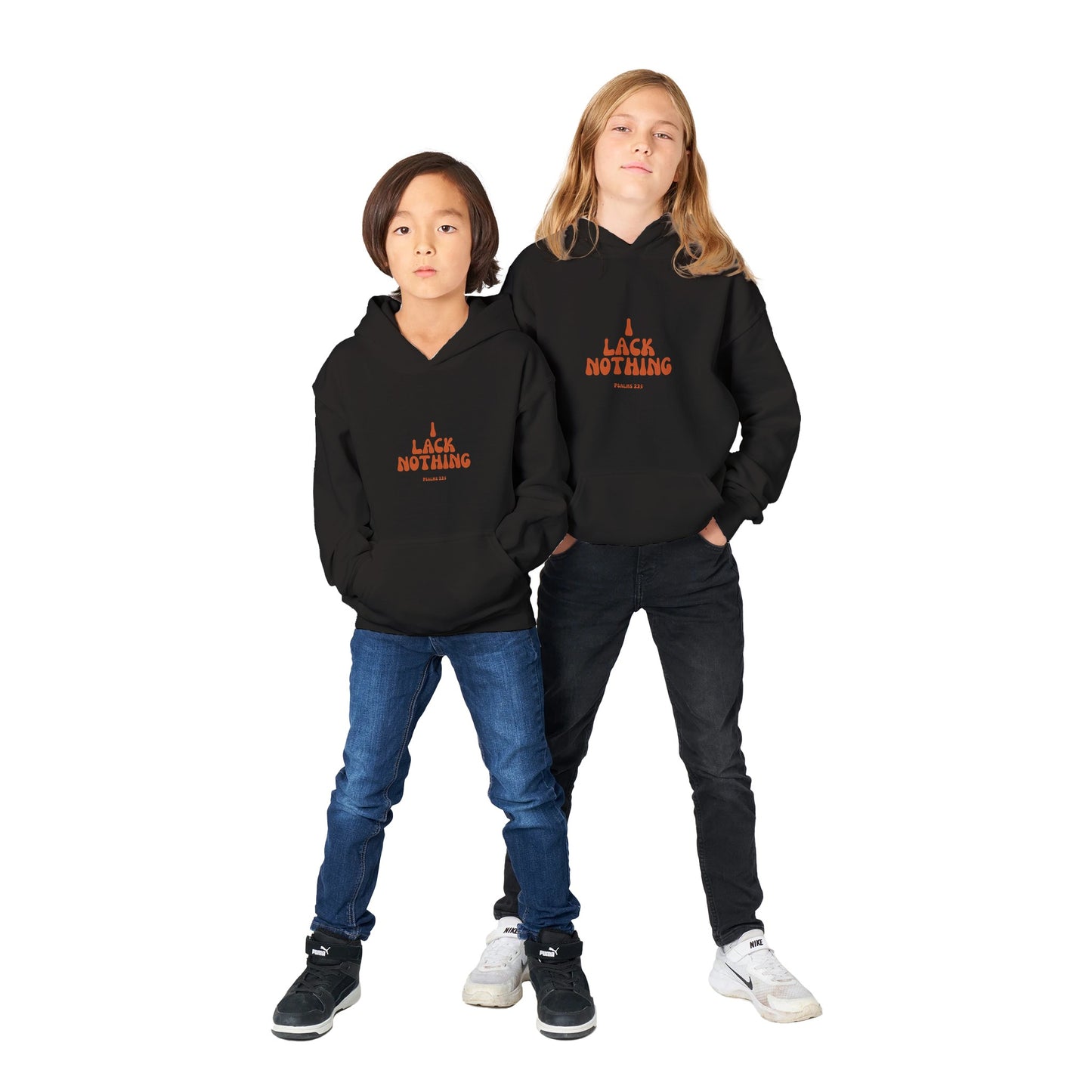 I Lack Nothing Kids Pullover Hoodie (Orange Font)