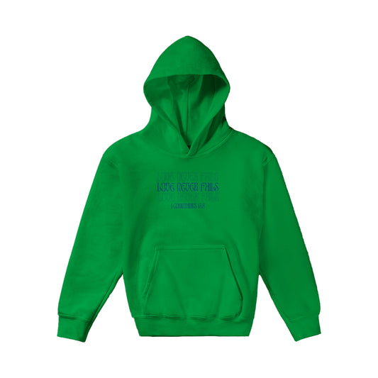 Love Never Fails Bold Kids Pullover Hoodie (Blue Font)