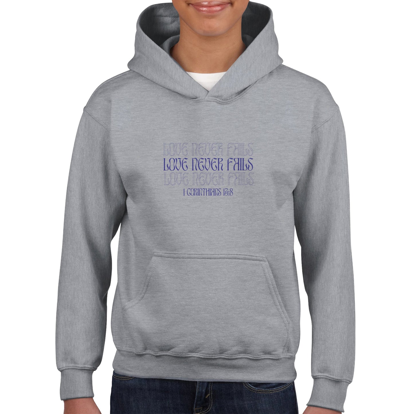 Love Never Fails Bold Kids Pullover Hoodie (Purple Font)