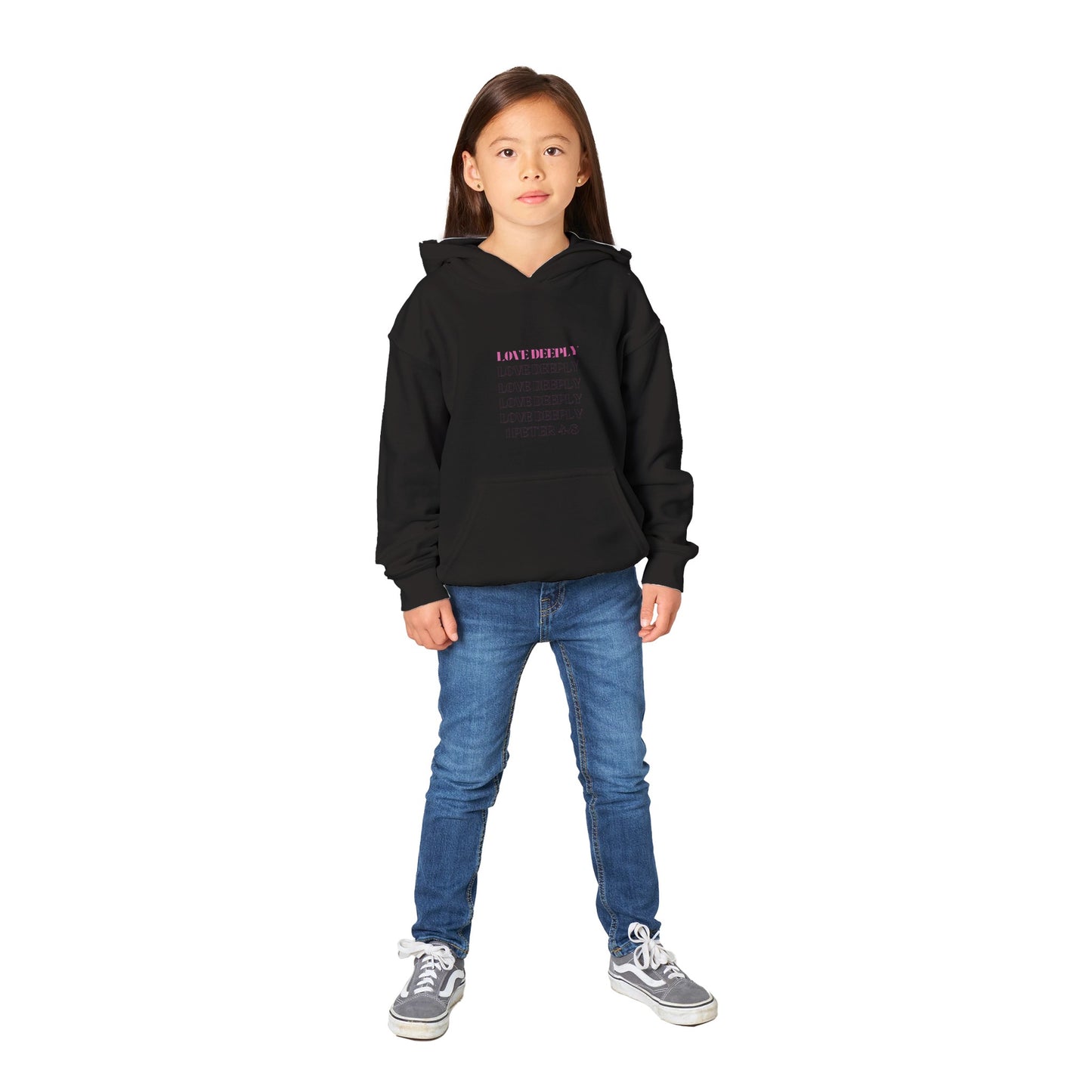 Love Deeply Kids Pullover Hoodie (Pink Font)