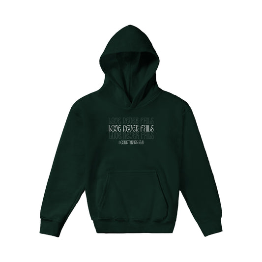 Love Never Fails Bold Kids Pullover Hoodie (White Font)