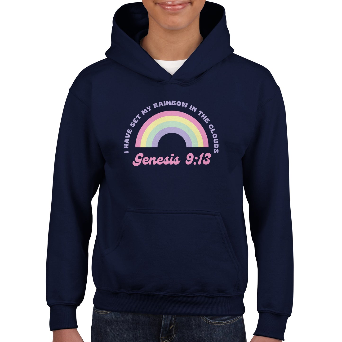 Genesis 9:13 Kids Pullover Hoodie (Pastel Pink & Purple Font)