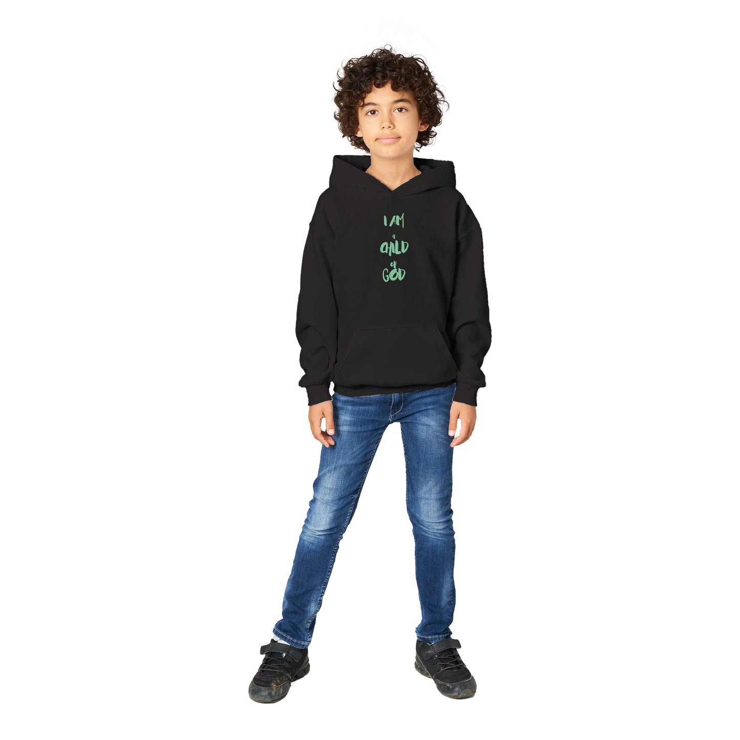 I Am a Child of God Kids Pullover Hoodie (Green Font)