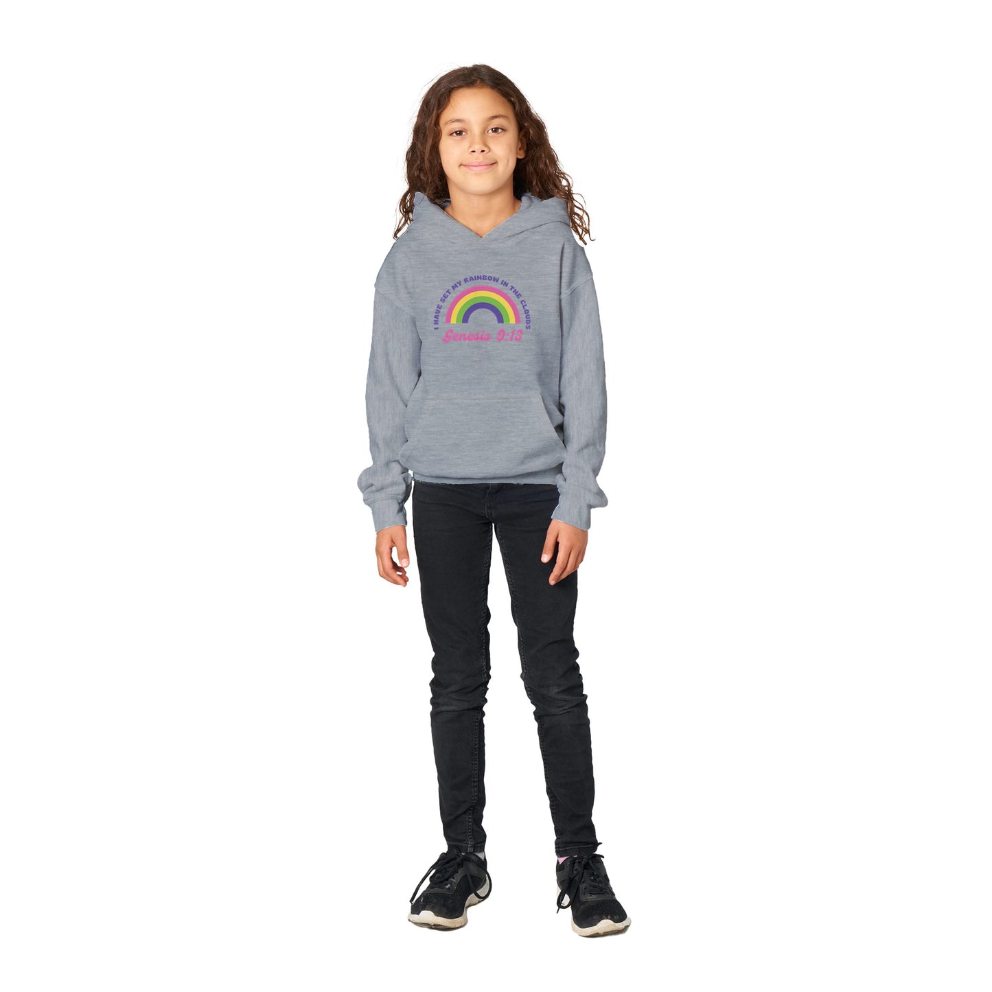 Genesis 9:13 Kids Pullover Hoodie (Bright Pink & Purple Font)