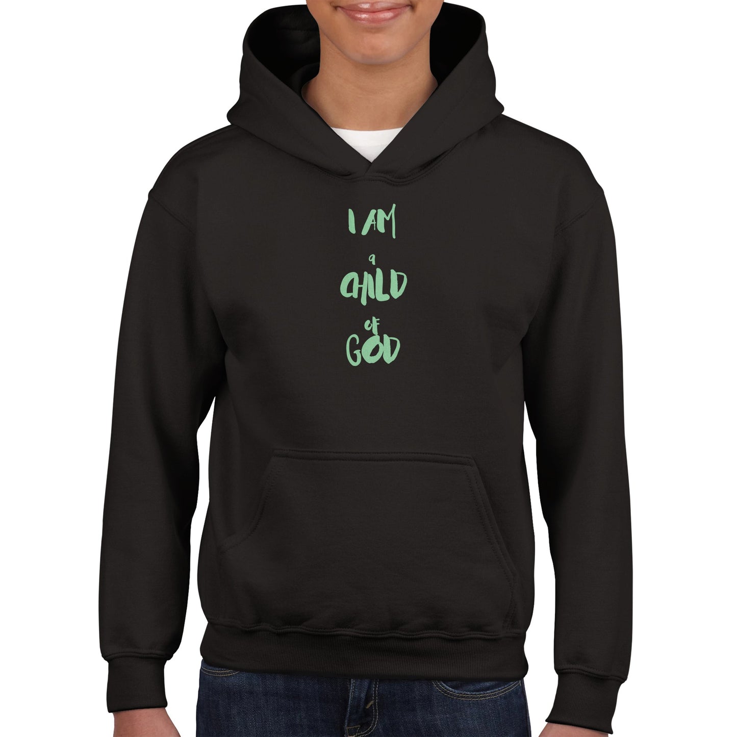 I Am a Child of God Kids Pullover Hoodie (Green Font)