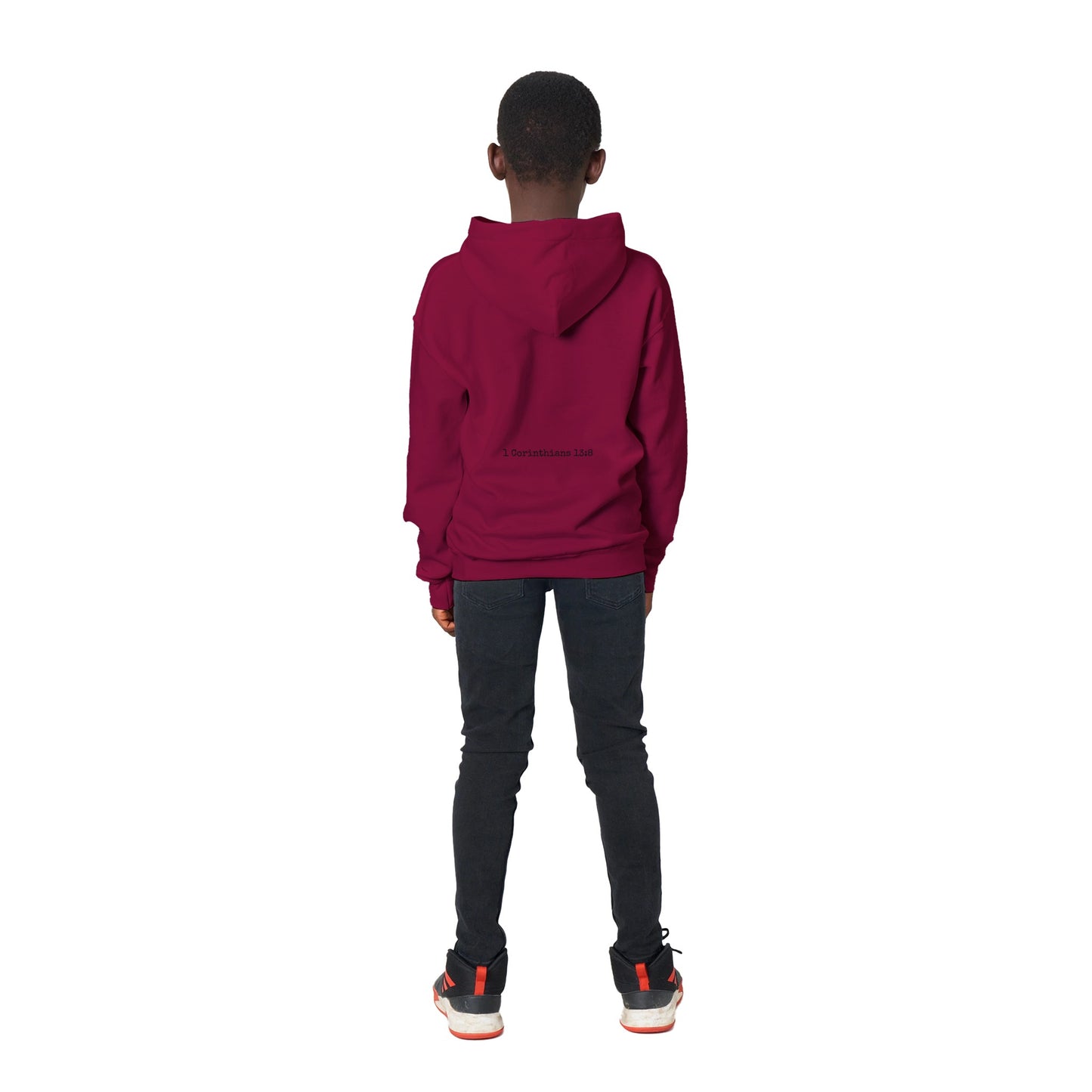 Love Never Fails Kids Pullover Hoodie (Black Font)