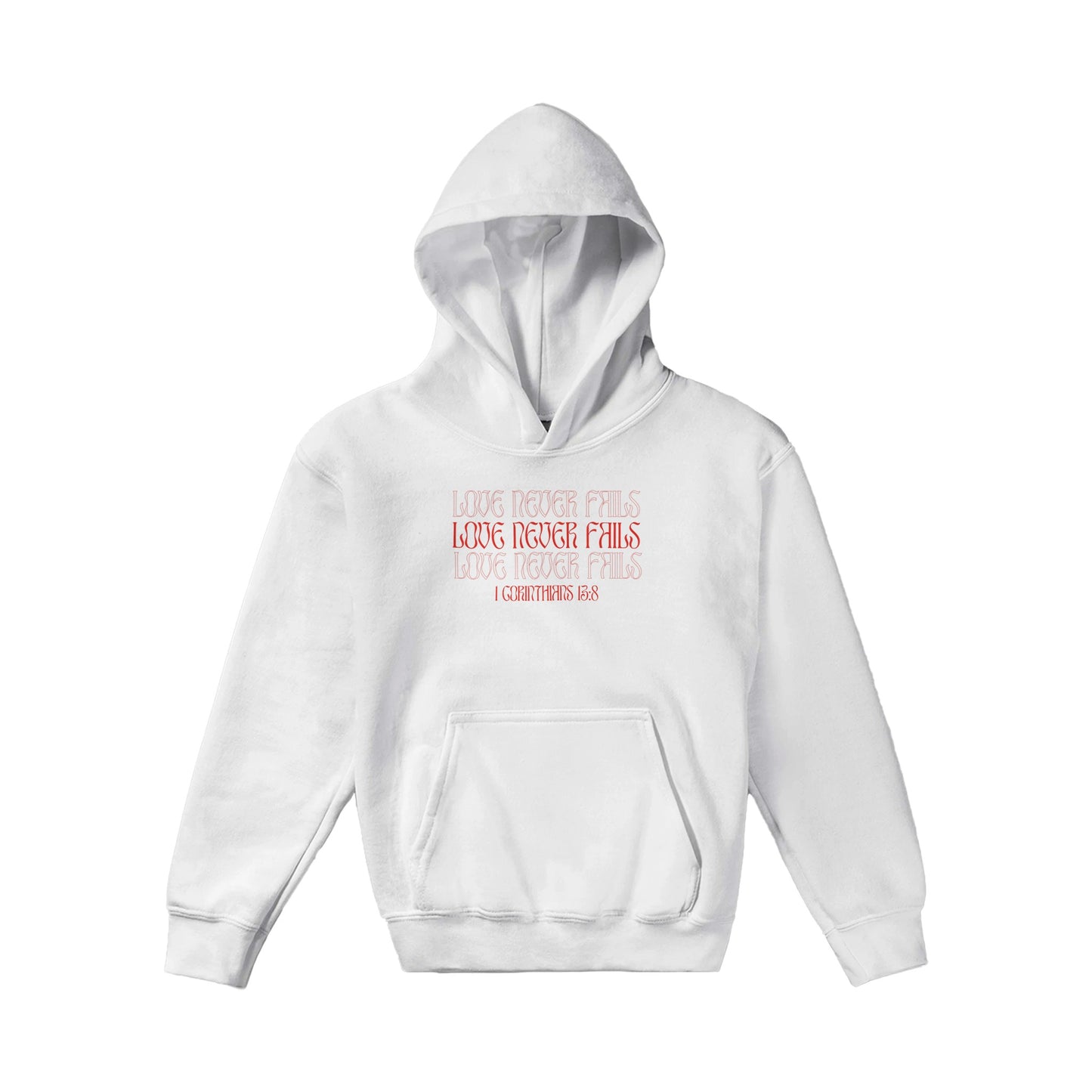 Love Never Fails Bold Kids Pullover Hoodie (Red Font)