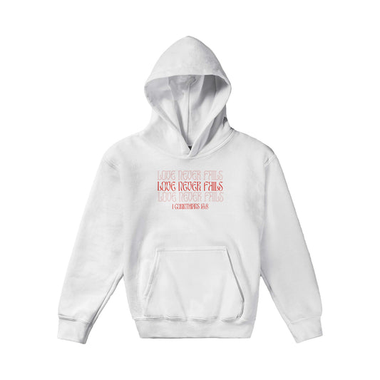 Love Never Fails Bold Kids Pullover Hoodie (Red Font)