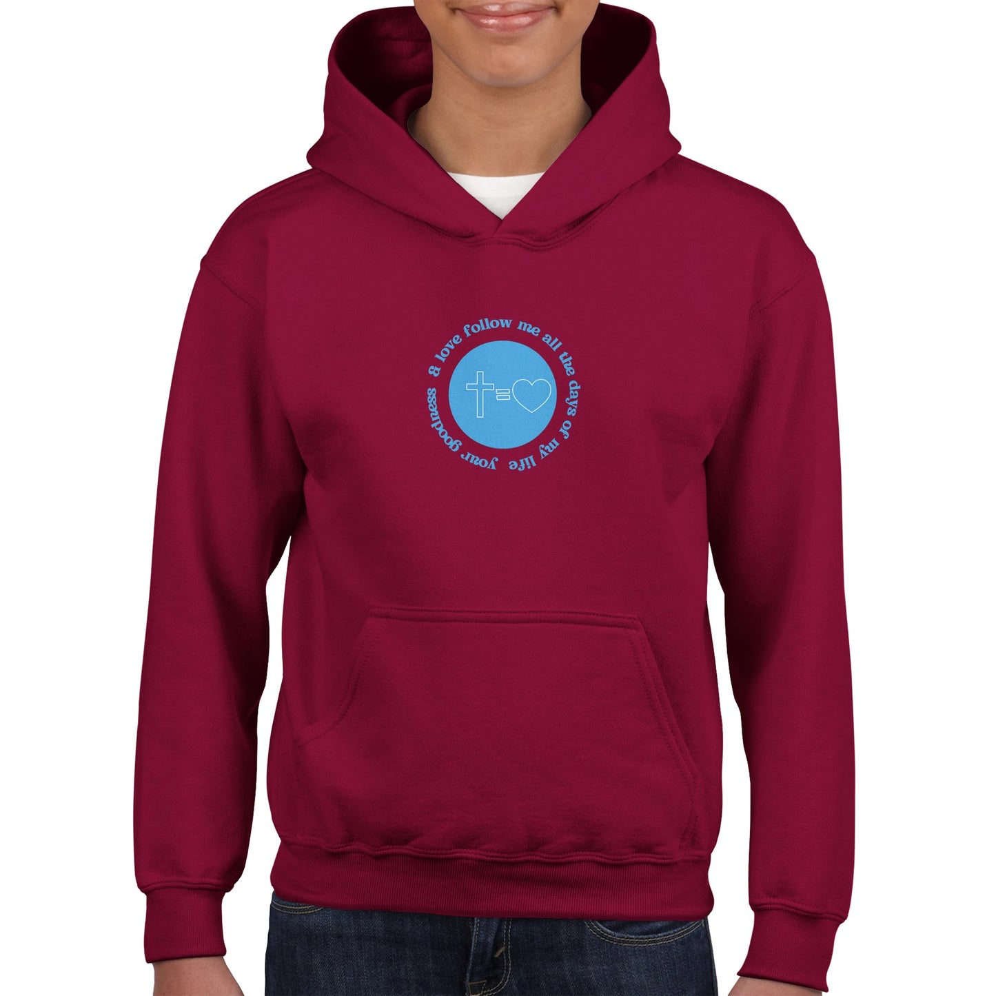 Goodness and Love Kids Pullover Hoodie (Blue Font)